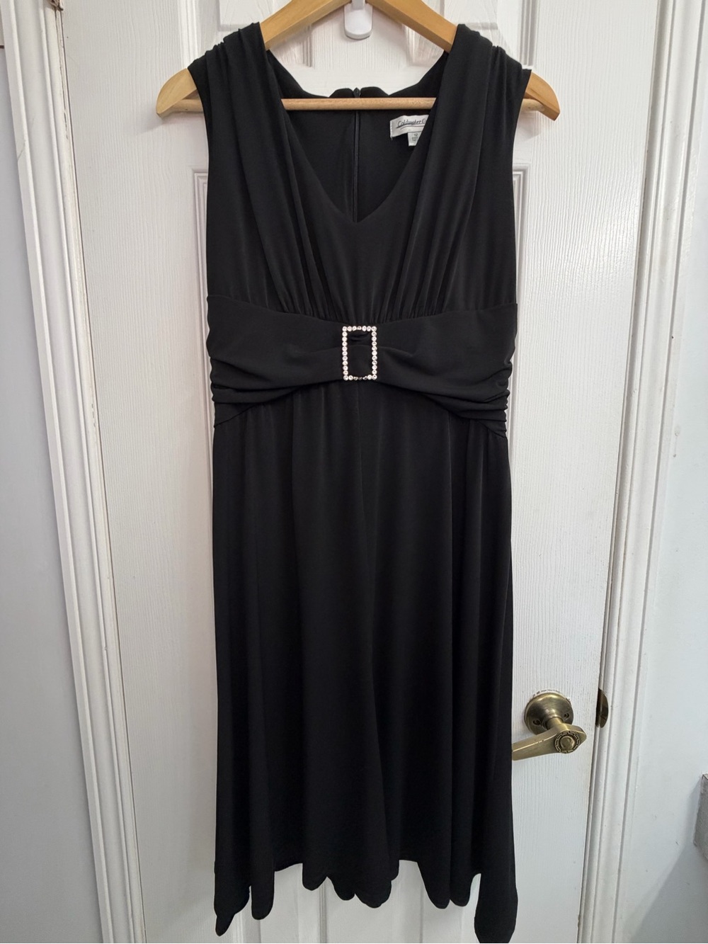 Coldwater Creek Black Empire Waist Midi Dress Jeweled Buckle Quiet Luxury Size 1